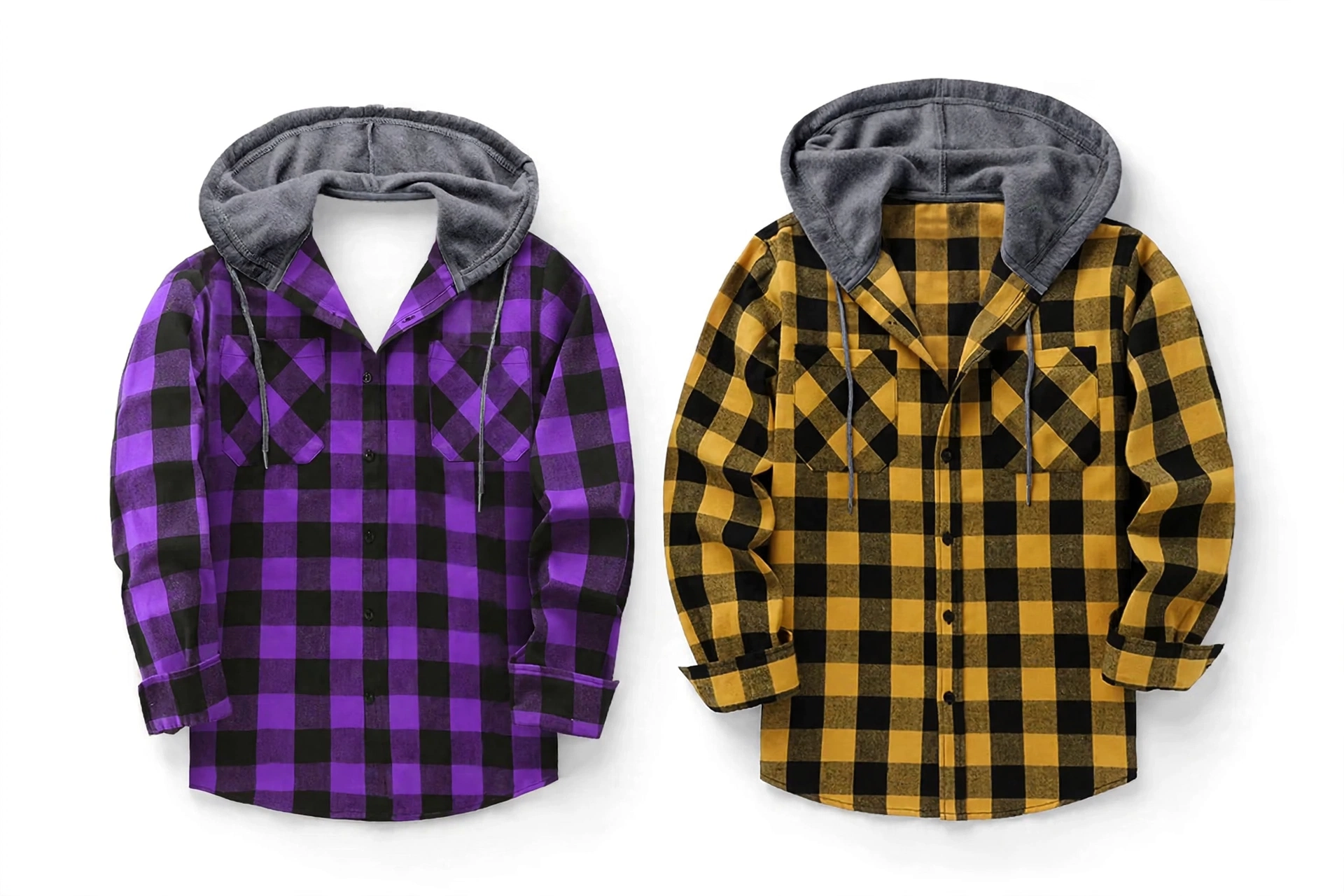 2pcs Men's New York Fashion Trendy Plaid Shirt Hoodie, Plaid Pullover Sweatshirt Flannel Hoodie 29 mrali front view purple yellow