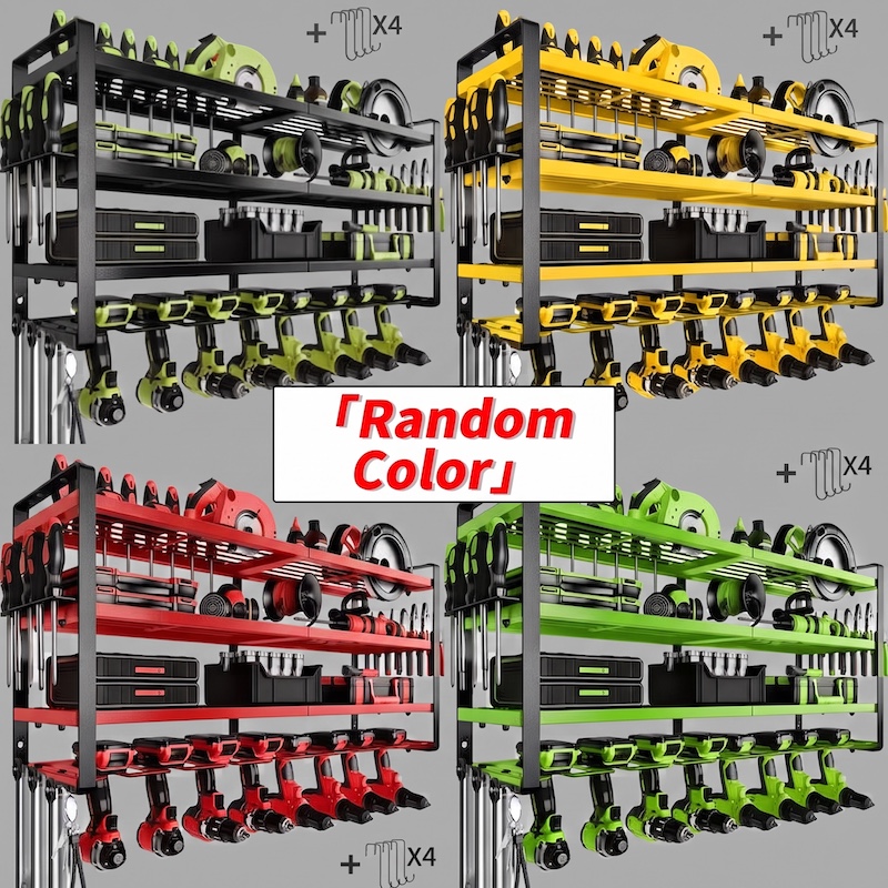 Wall-Mounted Electric Tool Organizer, 4-Tier Wireless Tool Storage with 8 Drill Bit Holders, Practical Garage Rack, Gift for Men, Boyfriends, Husbands, and Partners - Valentine's Day Gifts, Storage Racks 1 Four-grid comparison view showing different color options, including green, black, yellow, and red, for the random color green Wall-Mounted Electric Tool Organizer. Four-grid comparison view showing different color options, including green, black, yellow, and red, for the random color green Wall-Mounted Electric Tool Organizer.