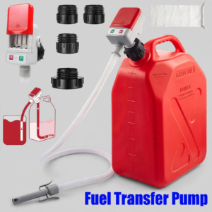 Front view of a red Automatic Fuel Transfer Pump attached to a red gas can, accompanied by black adapters and an instruction graphic.