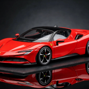 Studio front-quarter view of a red Ferrari SF90 Stradale Diecast Model Car showcasing its black roof and reflective surface.