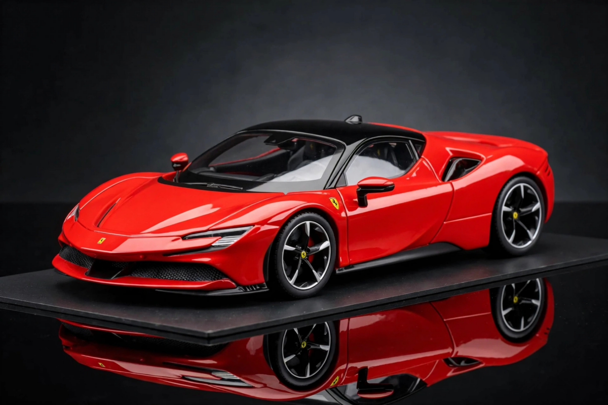 Burago 1:24 Scale Ferrari SF90 Stradale Diecast Model Car, Metal Alloy Sports Vehicle Collectible, Manual Operation, Red/Black, Sports Theme Gift 1 Studio front-quarter view of a red Ferrari SF90 Stradale Diecast Model Car showcasing its black roof and reflective surface.