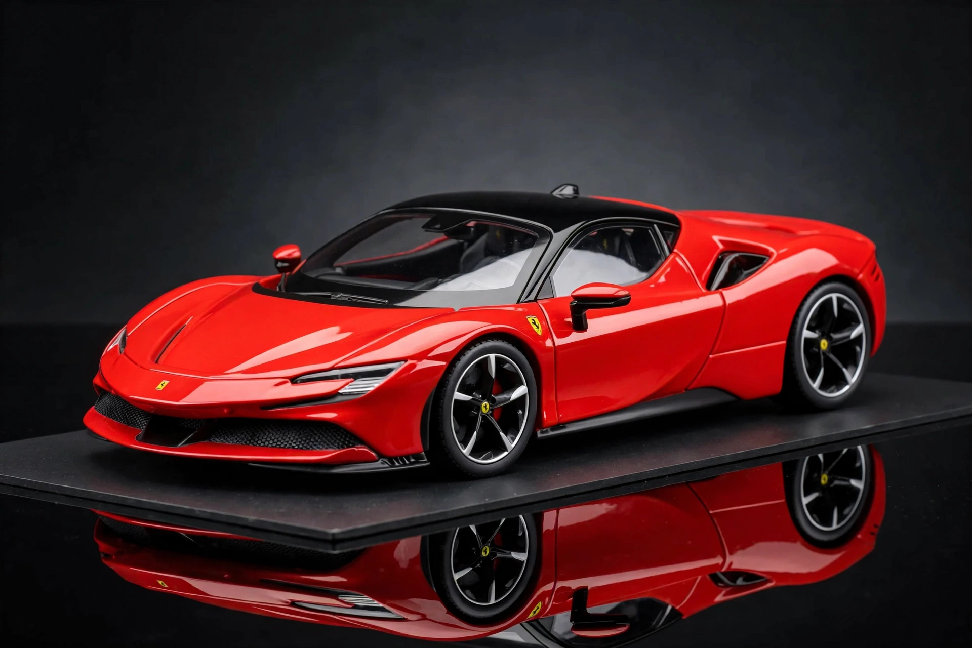 Burago 1:24 Scale Ferrari SF90 Stradale Diecast Model Car, Metal Alloy Sports Vehicle Collectible, Manual Operation, Red/Black, Sports Theme Gift 1 Studio front-quarter view of a red Ferrari SF90 Stradale Diecast Model Car showcasing its black roof and reflective surface.