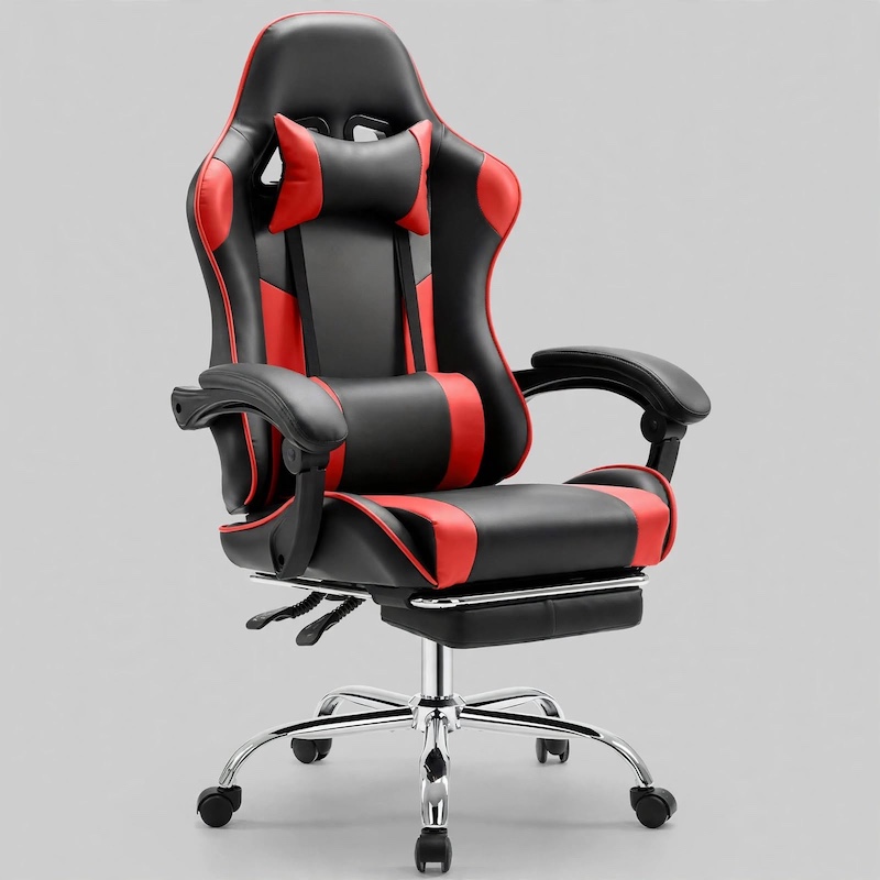 Front view of a red color Gaming Chair High Back with headrest, lumbar support, and retractable footrest against a plain background.