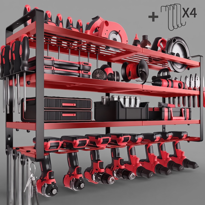Wall-Mounted Electric Tool Organizer, 4-Tier Wireless Tool Storage with 8 Drill Bit Holders, Practical Garage Rack, Gift for Men, Boyfriends, Husbands, and Partners - Valentine's Day Gifts, Storage Racks 8 Front view of a heavy-duty red color green Wall-Mounted Electric Tool Organizer loaded with matching red and black cordless drills, screwdrivers, and workshop equipment.