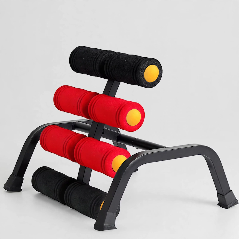 1 Mini Inversion Table Iron, Red, Back Stretch Machine, Ab Trainer, Fitness Yoga Equipment, Handstand Training Machine, Total Body Workout Equipment, Stretch The Back And Neck, Christmas Gift, New Year Gift, Brand: MBB 6 A clean front-angle view of a red color Back Stretch Machine featuring a sturdy black steel frame, non-slip rubber feet, and alternating vibrant red and black foam rollers.