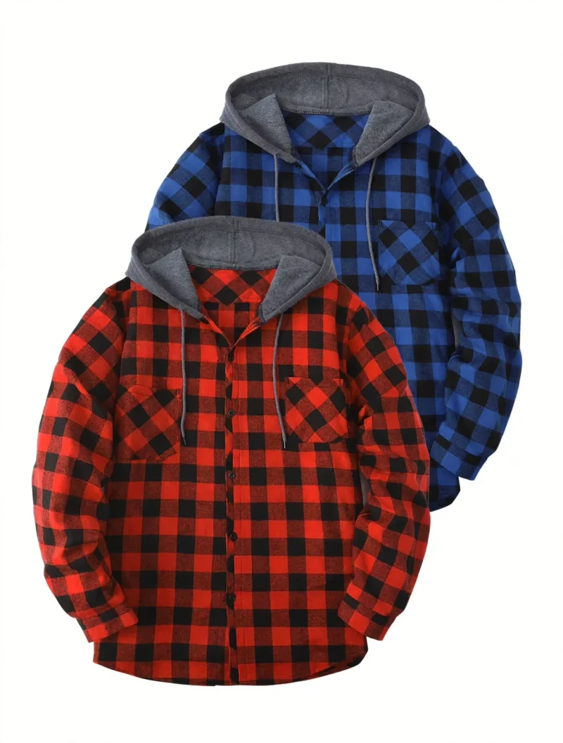 2pcs Men's New York Fashion Trendy Plaid Shirt Hoodie, Plaid Pullover Sweatshirt Flannel Hoodie 10 Two fashion trendy plaid shirt hoodies overlapped, featuring a rich red-and-black plaid pattern in front and a royal blue-and-black plaid pattern behind it.
