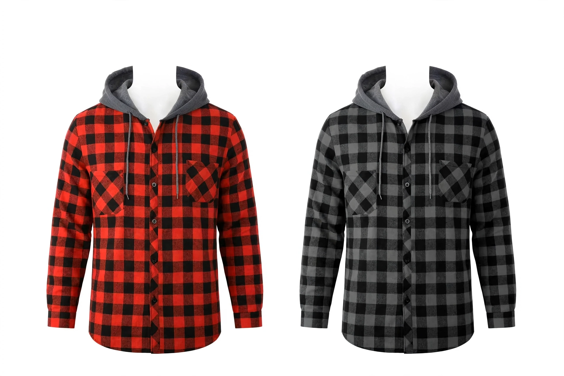 2pcs Men's New York Fashion Trendy Plaid Shirt Hoodie, Plaid Pullover Sweatshirt Flannel Hoodie 28 mrali front view red dark gray 54yth5