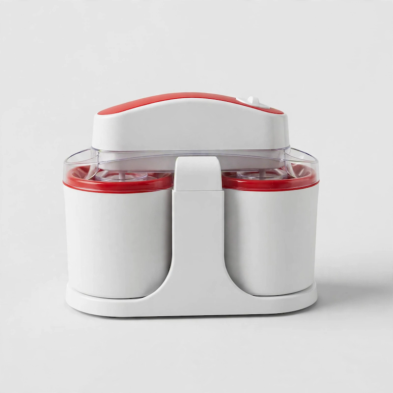 Home Ice Cream, Detachable Design for Easy Cleaning, Perfect for Making Homemade Ice Cream, Smoothies And Frozen Yogurt, 1QT, Party, Summer Essentials, Halloween And Christmas Gifts Suitable for Giving 8 Front view of a white and red Home Ice Cream machine resting on a neutral background, showcasing its compact, dual-canister design.
