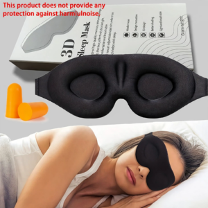 Product package, orange earplugs, black sleeping eye mask, and a woman sleeping soundly in bed.