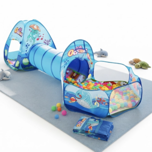 The Blue Ocean 3pcs Kids Ball Pool fully assembled, featuring a dome tent, tunnel, and ball pit, placed on a light blue mat.