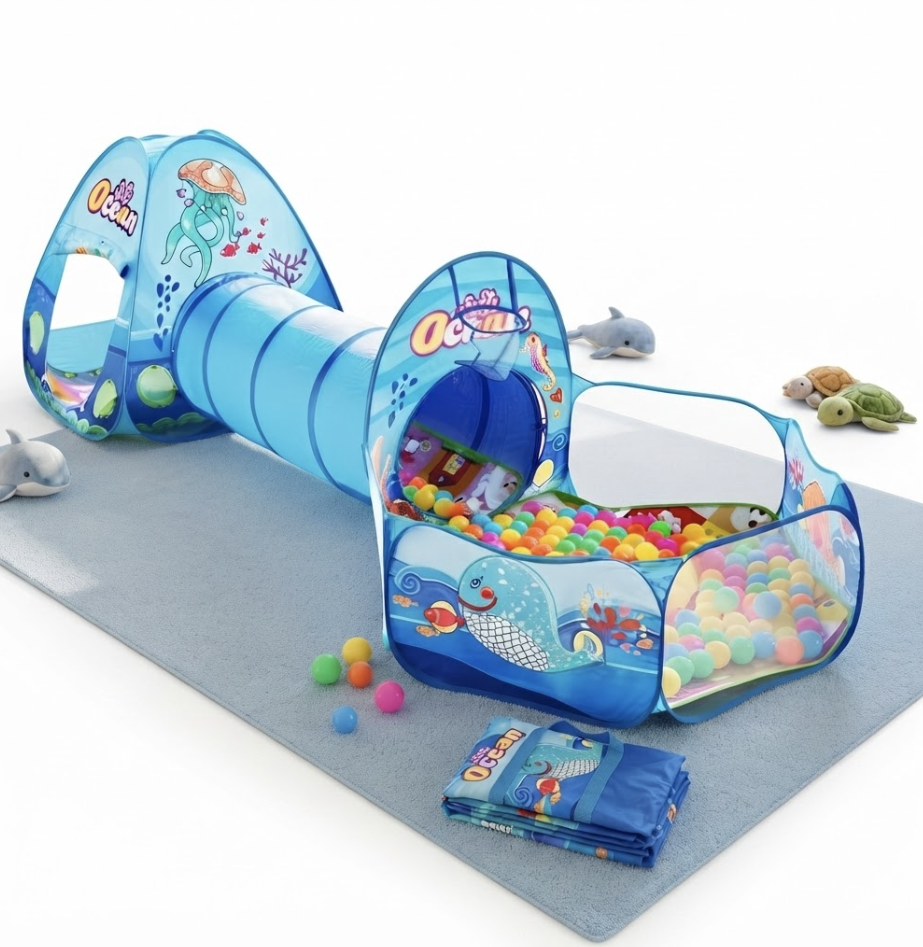 Blue Ocean 3pcs Kids Ball Pool, Suitable for Indoor and Outdoor Children's Play Tents, Themed Playhouses, Family Gatherings, and Crawling Practice. Ideal for Boys and Girls, Includes a Storage Bag. Perfect for Birthdays and Holidays as a Gift. Balls 1 The Blue Ocean 3pcs Kids Ball Pool fully assembled, featuring a dome tent, tunnel, and ball pit, placed on a light blue mat.