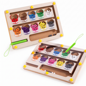 The same wooden color sorting maze toy, shown in two views against a white background. One view is angled with a magnetic wand, and the other is flat.