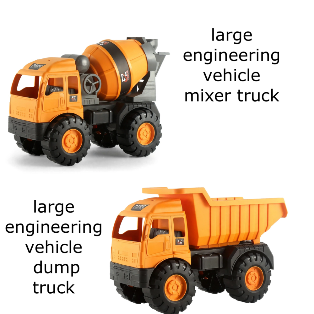 Two separate panels displaying a large cement mixer and a large dump truck toy car large models against a white background.