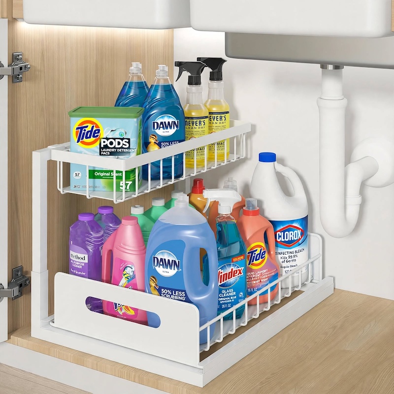 reliable Metal Under Sink Organizers, Pull Out Under Sink Storage Shelves with Sliding Drawer for Kitchen, Bathroom (1pack/2pack) 15 The white 1pack Metal Under Sink Organizers installed neatly inside a kitchen cabinet filled with cleaning supplies and detergents.