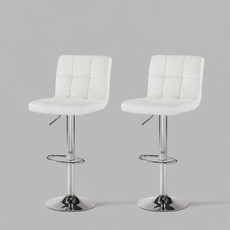 comfortable MCQ Bar Stools Set Armless Adjustable Swivel Barstools, PU Leather Hydraulic Kitchen Counter Height Bar Stools, Thickened Seat Cushion with Back 1 Front view of a white 2 pack bar stools set armless adjustable against a neutral background.