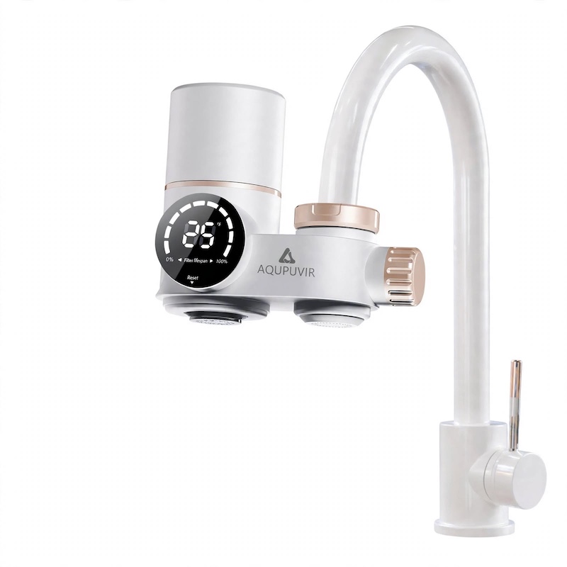 exclusive Faucet Mount Water Filtration, 264 Gallons Water Faucet Mount Filtration System, Dual Head Switching with Water Temperature And Life Dual Display for Tap Water Reduces Lead Chlorine, Heavy Metals (23psc Combination) 7 Studio front view of a white color Faucet Mount Water Filtration system installed on a matching white faucet with rose gold accents and a digital display.