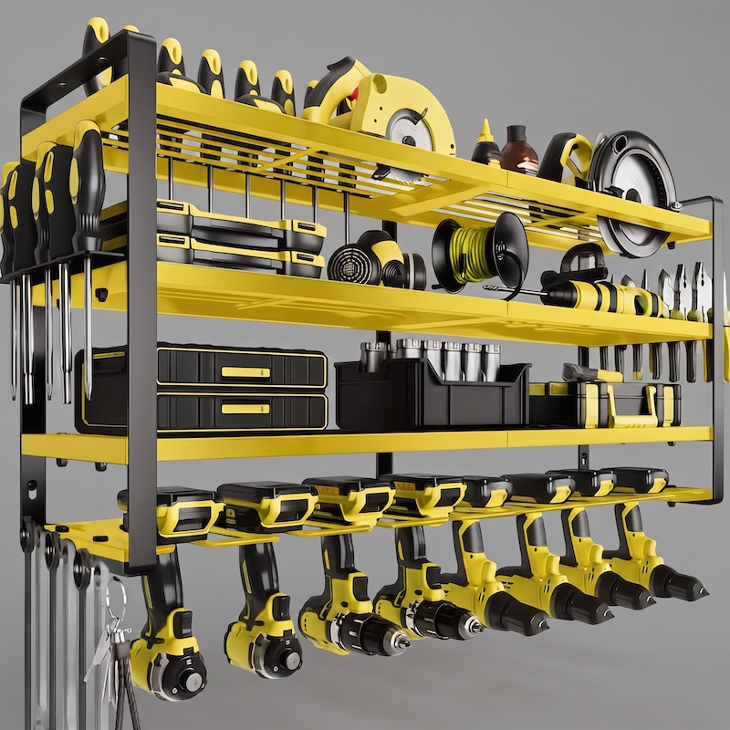 Wall-Mounted Electric Tool Organizer, 4-Tier Wireless Tool Storage with 8 Drill Bit Holders, Practical Garage Rack, Gift for Men, Boyfriends, Husbands, and Partners - Valentine's Day Gifts, Storage Racks 9 Front view of a heavy-duty yellow color green Wall-Mounted Electric Tool Organizer loaded with matching yellow and black cordless drills, screwdrivers, and workshop equipment.