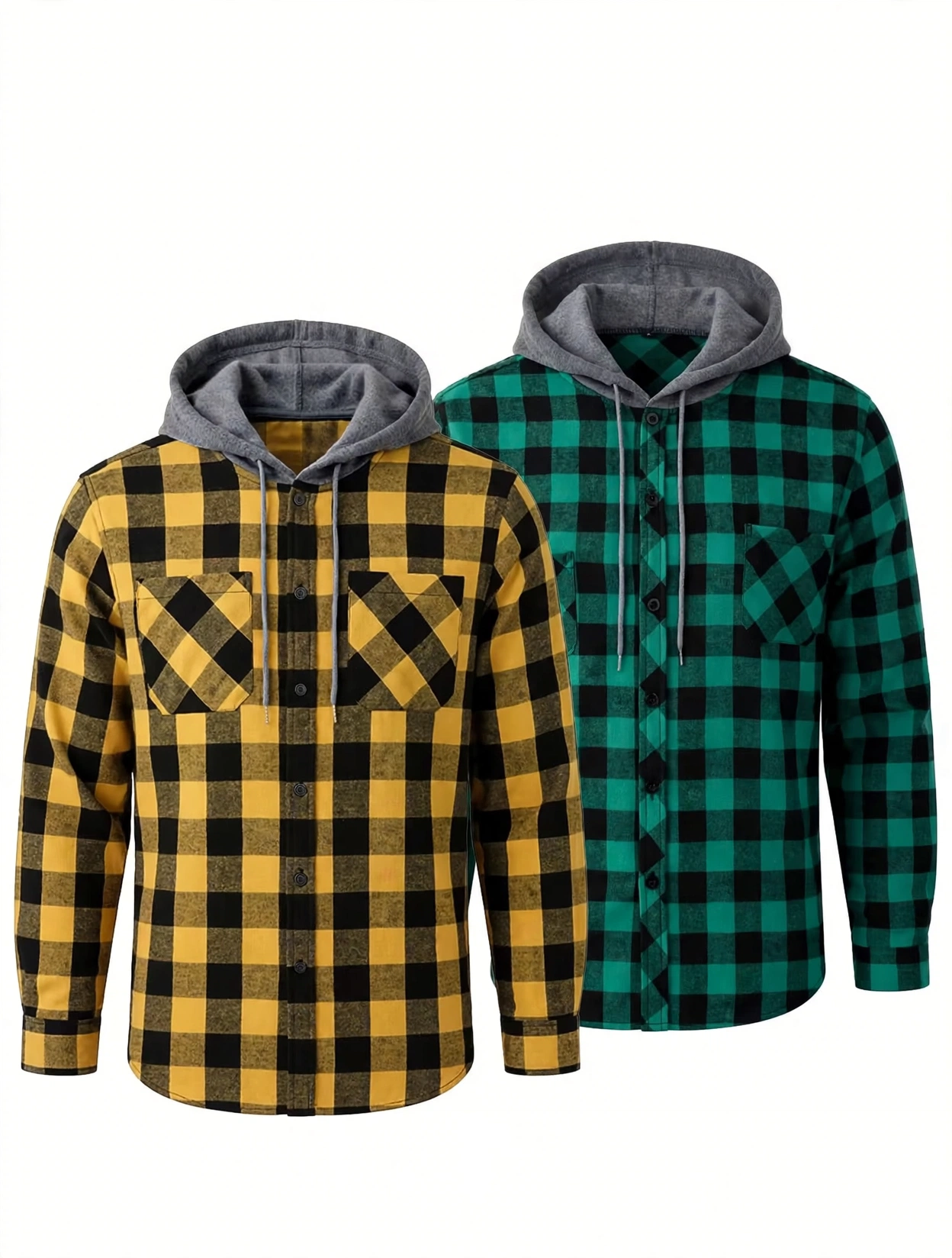 2pcs Men's New York Fashion Trendy Plaid Shirt Hoodie, Plaid Pullover Sweatshirt Flannel Hoodie 26 mrali front view yellow green