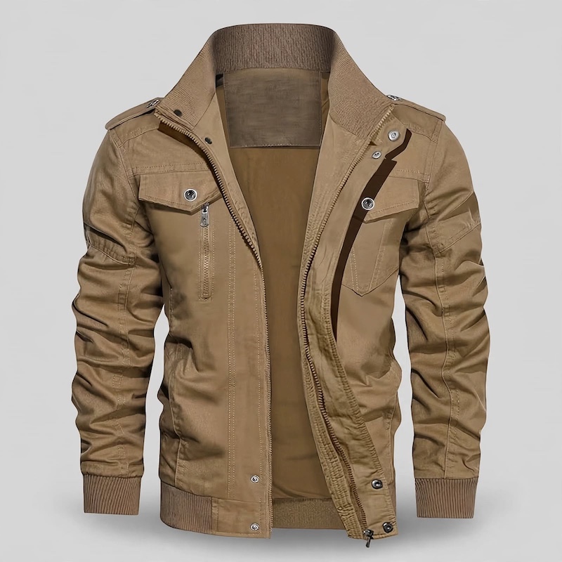Men's Tactical Jacket Practical Men's Tactical Jacket | Multiple Pockets, Workwear Style Coat 7 Front view of an open yellowish brown color Men's Tactical Jacket Practical against a light gray background.