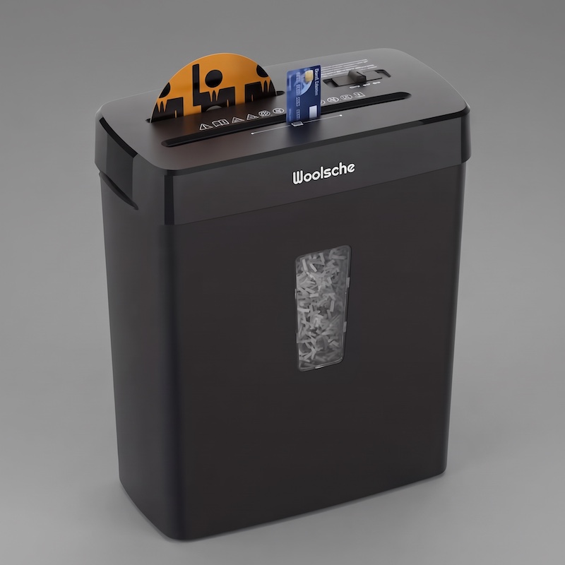 Full front three-quarter view of the black Woolsche Cross-Cut Paper Shredder.