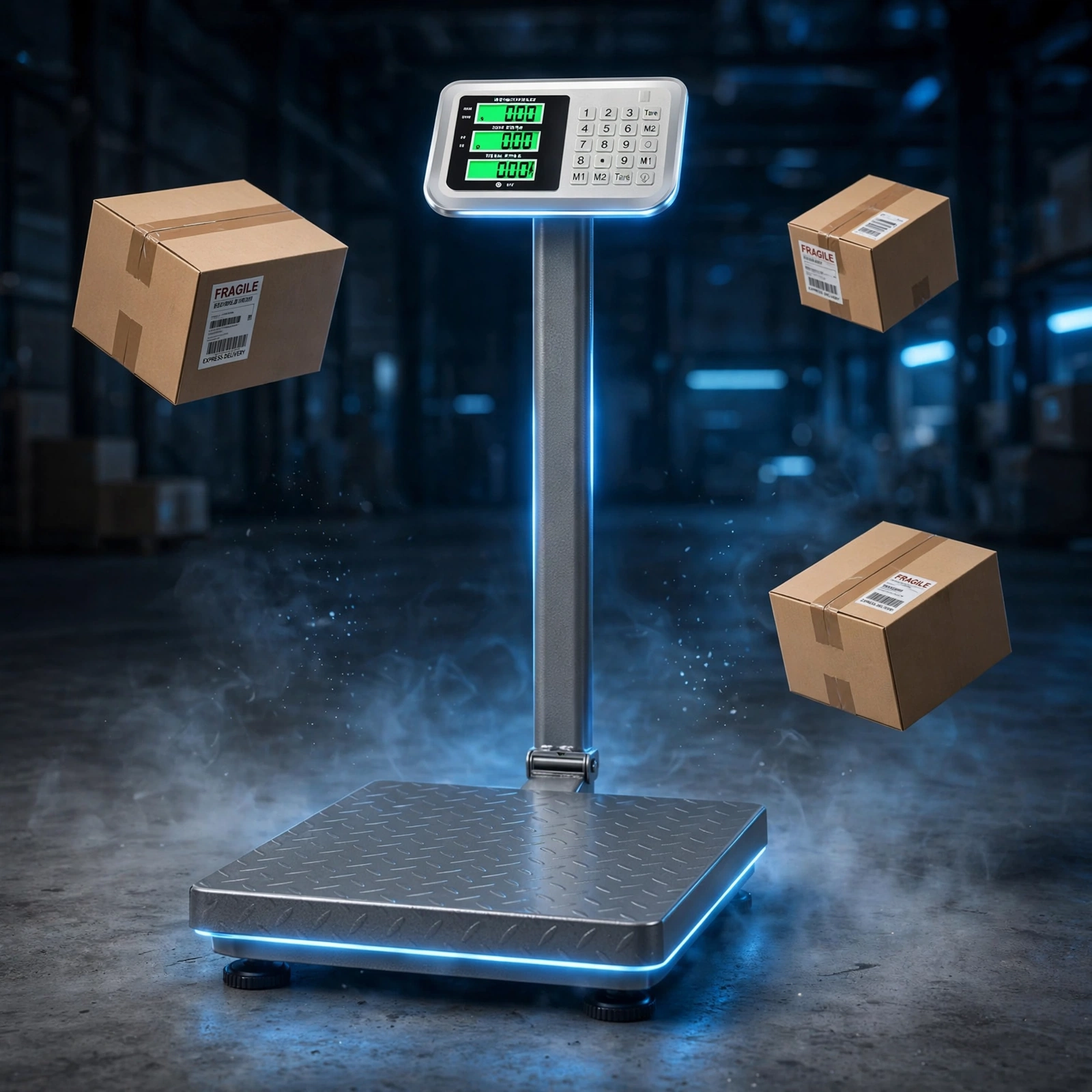 Electronic Industrial Commercial Platform Scale,Stainless Steel High-Definition LCD Display, Digital Floor Heavy Duty, Luggage Package Price Computing Postal Shipping Mailing 14 A sleek commercial platform scale surrounded by floating cardboard boxes in a high tech futuristic warehouse with blue neon lighting