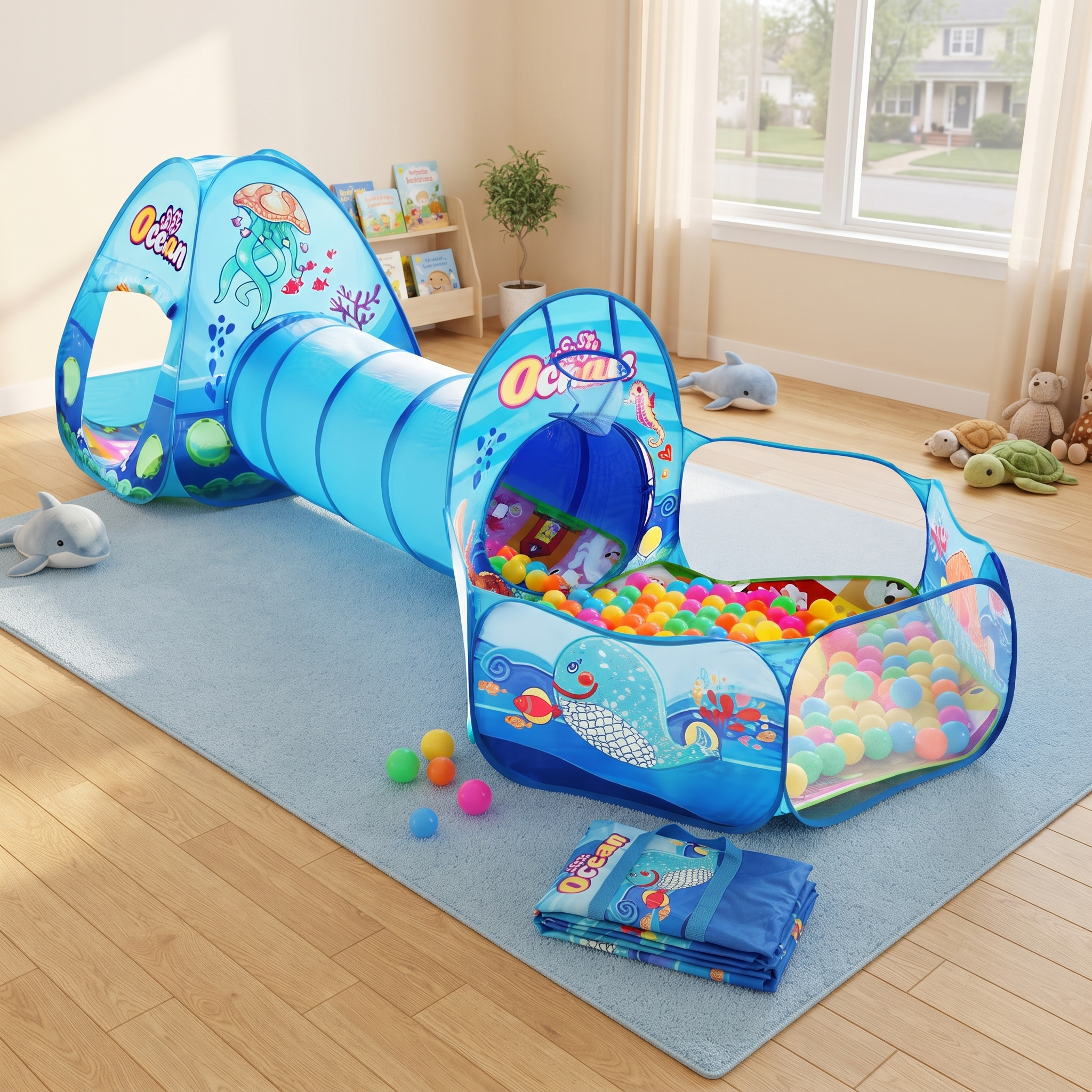 Blue Ocean 3pcs Kids Ball Pool, Suitable for Indoor and Outdoor Children's Play Tents, Themed Playhouses, Family Gatherings, and Crawling Practice. Ideal for Boys and Girls, Includes a Storage Bag. Perfect for Birthdays and Holidays as a Gift. Balls 11 A Blue Ocean 3pcs Kids Ball Pool set up in a living room, ready for indoor play.
