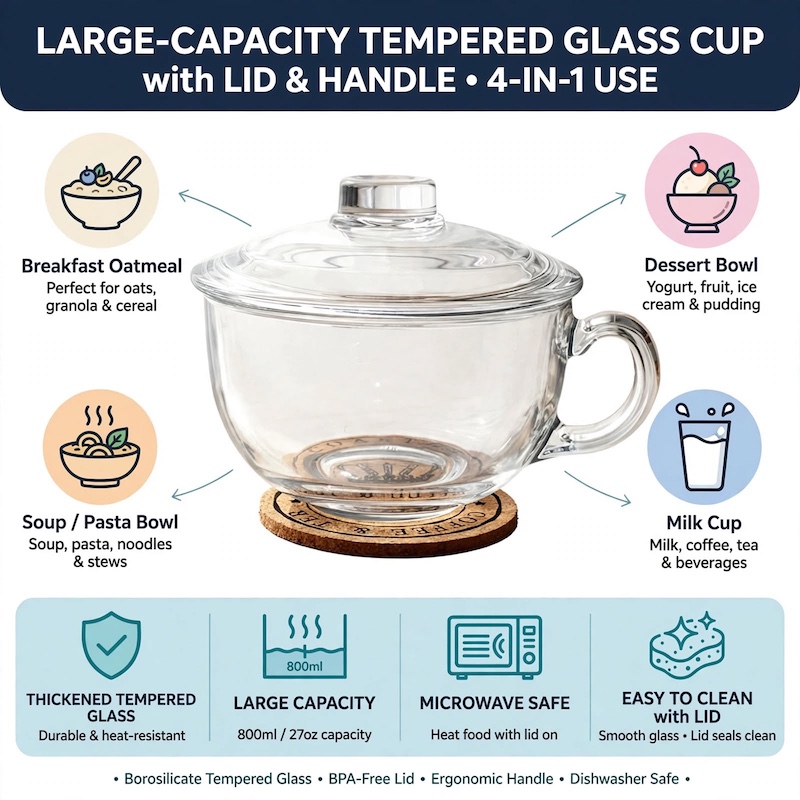 A Large-Capacity Tempered Glass Cup with a Lid And Handle, Thickened for Breakfast Oatmeal, Milk, And Suitable for Desserts, Pasta, And Rice, Microwave Safe 11 Infographic outlining the 4-in-1 uses and key features of the Large-Capacity Tempered Glass Cup.