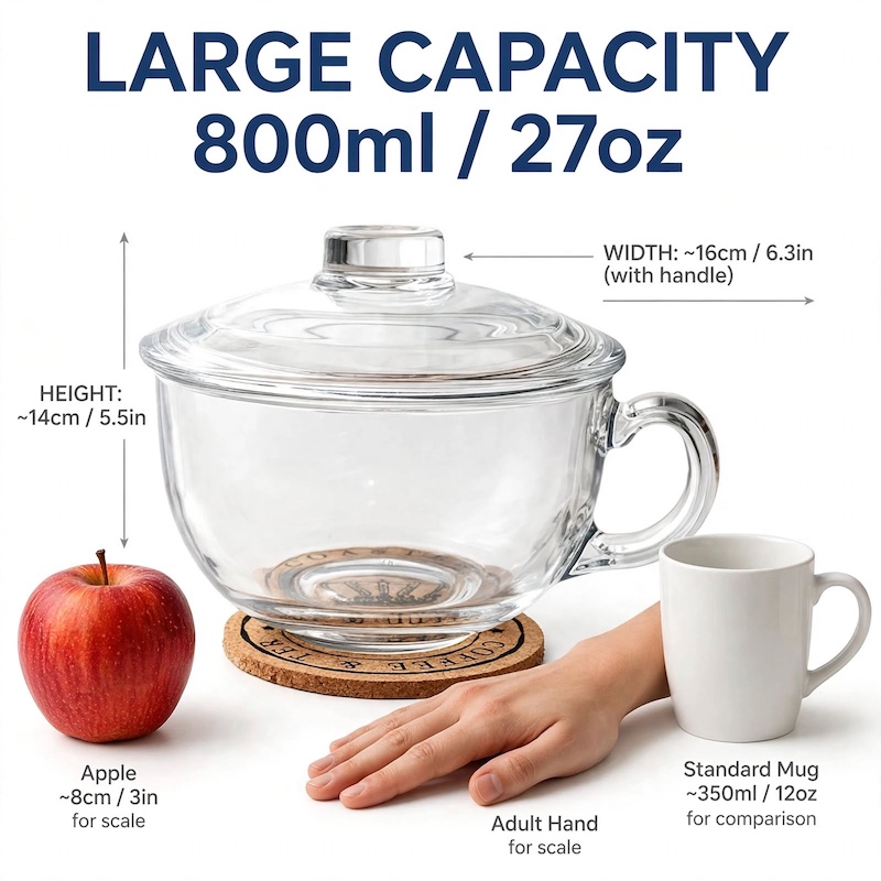 A Large-Capacity Tempered Glass Cup with a Lid And Handle, Thickened for Breakfast Oatmeal, Milk, And Suitable for Desserts, Pasta, And Rice, Microwave Safe 12 Size comparison infographic showing dimensions of the Large-Capacity Tempered Glass Cup next to an apple, human hand, and standard mug.