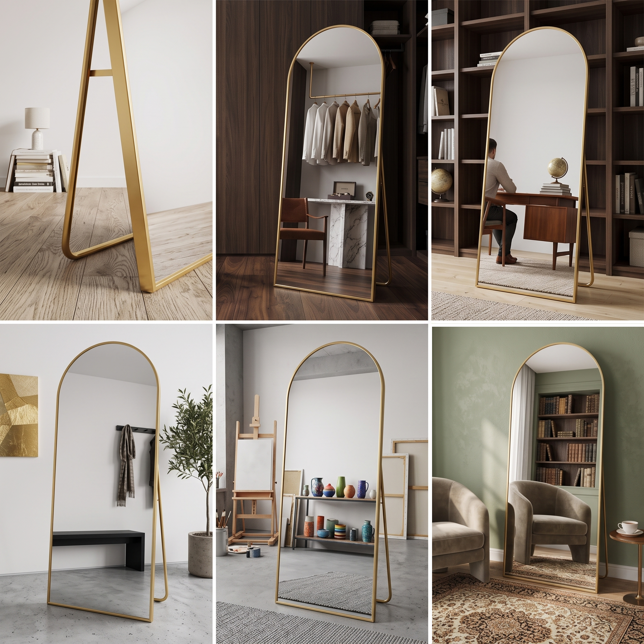 Arched Full Length Mirror with Free Standing & Leaning/Hanging Mount - Tall Vertical Oval Arch Design, Full-Body Mirror Suitable for Living Room, Bedroom, Cloakroom - Modern Simple Aluminum Frame Vertical Mirror 12 Six panel collage showcasing close up back stand details and distinct room styling options for a golden color Arched Full Length Mirror with Free Standing