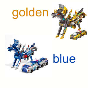 A comprehensive product portfolio collage showcasing two matching sets of a golden and blue color Dinosaur Crash And Transform Car Toy on a neutral, clean gray background. Both the blue-bodied and golden-bodied transformer units are displayed in four distinct, labeled views: AERIAL DORSAL VIEW, CLOSE-UP HEAD & CHEST VIEW, REAR STERN VIEW & DEPLOYMENT, and SINGLE VEHICLE HIGH-DETAIL MODE & TRANSFORMATION IN-PROCESS.