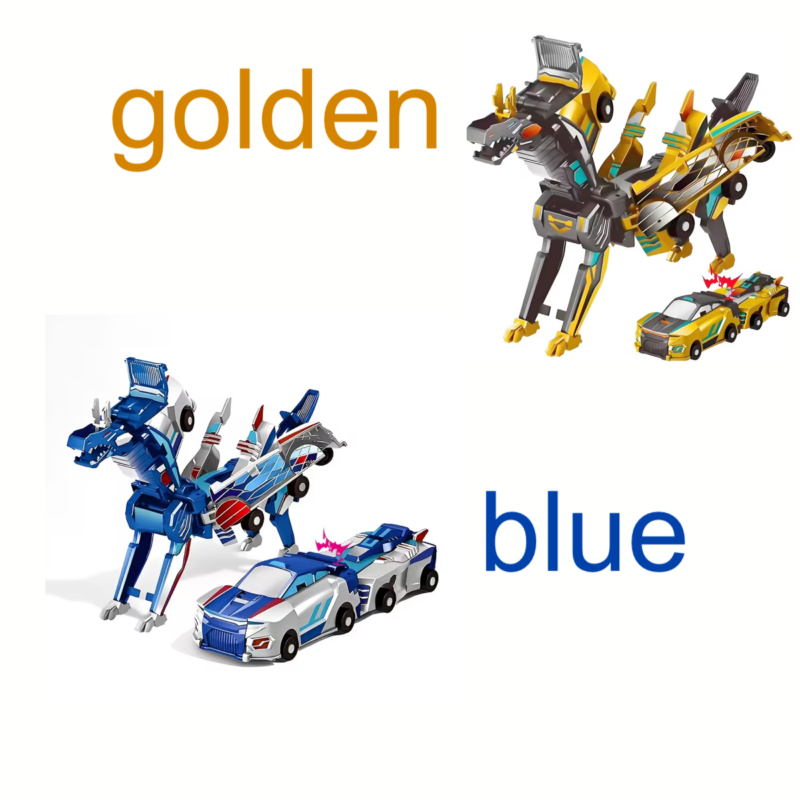 A comprehensive product portfolio collage showcasing two matching sets of a golden and blue color Dinosaur Crash And Transform Car Toy on a neutral, clean gray background. Both the blue-bodied and golden-bodied transformer units are displayed in four distinct, labeled views: AERIAL DORSAL VIEW, CLOSE-UP HEAD & CHEST VIEW, REAR STERN VIEW & DEPLOYMENT, and SINGLE VEHICLE HIGH-DETAIL MODE & TRANSFORMATION IN-PROCESS.