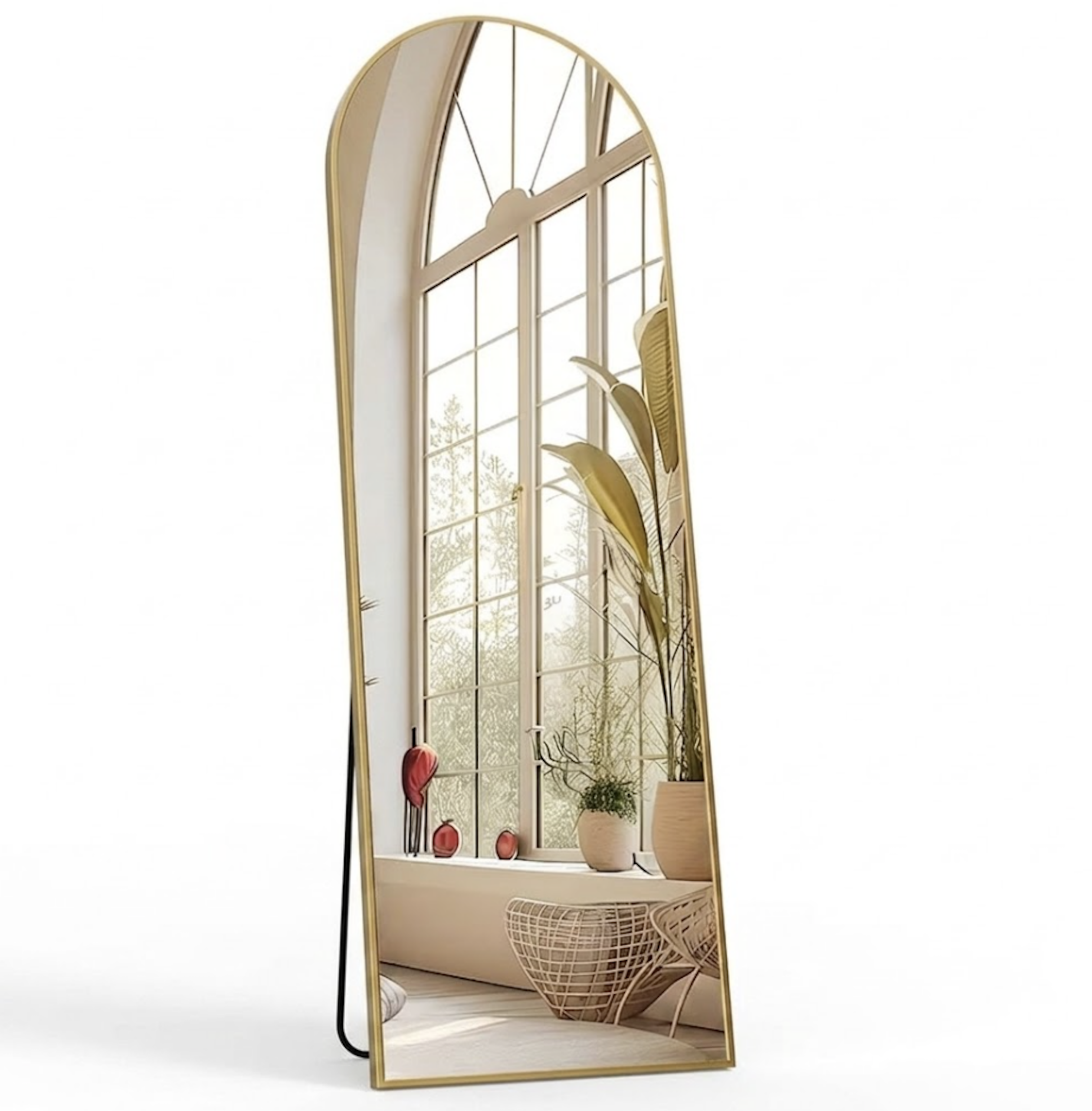 Arched Full Length Mirror with Free Standing & Leaning/Hanging Mount - Tall Vertical Oval Arch Design, Full-Body Mirror Suitable for Living Room, Bedroom, Cloakroom - Modern Simple Aluminum Frame Vertical Mirror 1 Front view of a golden color Arched Full Length Mirror with Free Standing frame isolated on a white background reflecting a large bright window and green plants