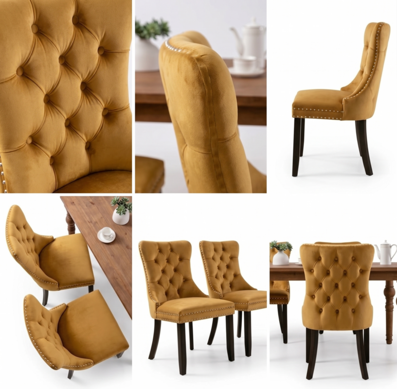 Set of 4 Upholstered Dining Chairs, Velvet Chairs with Button Tufting And Sturdy Wooden Legs, Contemporary Fabric Side Chairs for Dining Areas, Kitchens, Restaurants, And Hotels 7 A comprehensive multi view collage showcasing the styling and angles of a golden color Set of 4 Upholstered Dining Chairs around a dinner table.