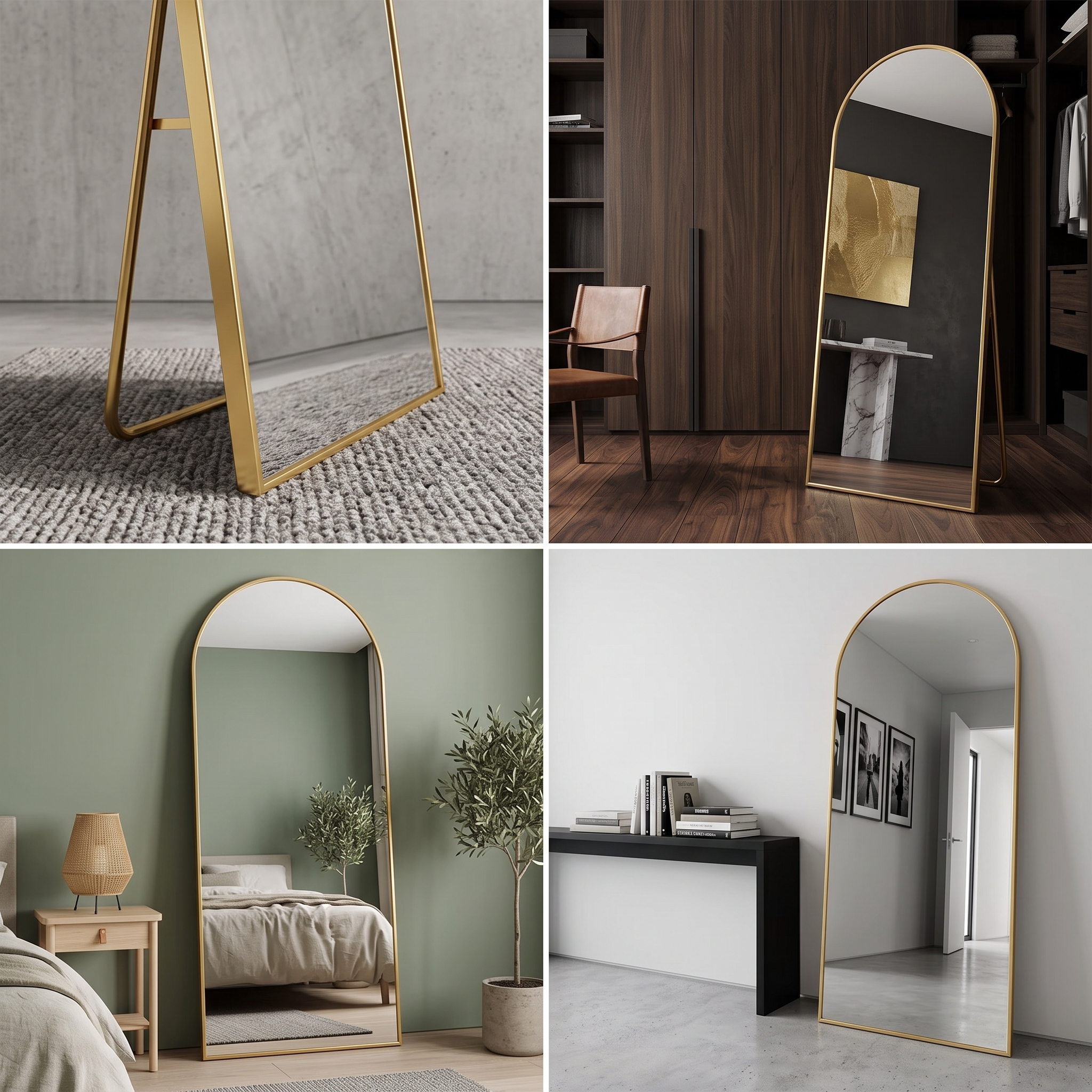 Arched Full Length Mirror with Free Standing & Leaning/Hanging Mount - Tall Vertical Oval Arch Design, Full-Body Mirror Suitable for Living Room, Bedroom, Cloakroom - Modern Simple Aluminum Frame Vertical Mirror 11 Four panel grid showing a golden color Arched Full Length Mirror with Free Standing in a bedroom, walk in closet, entryway hallway, and a close up on the floor stand support