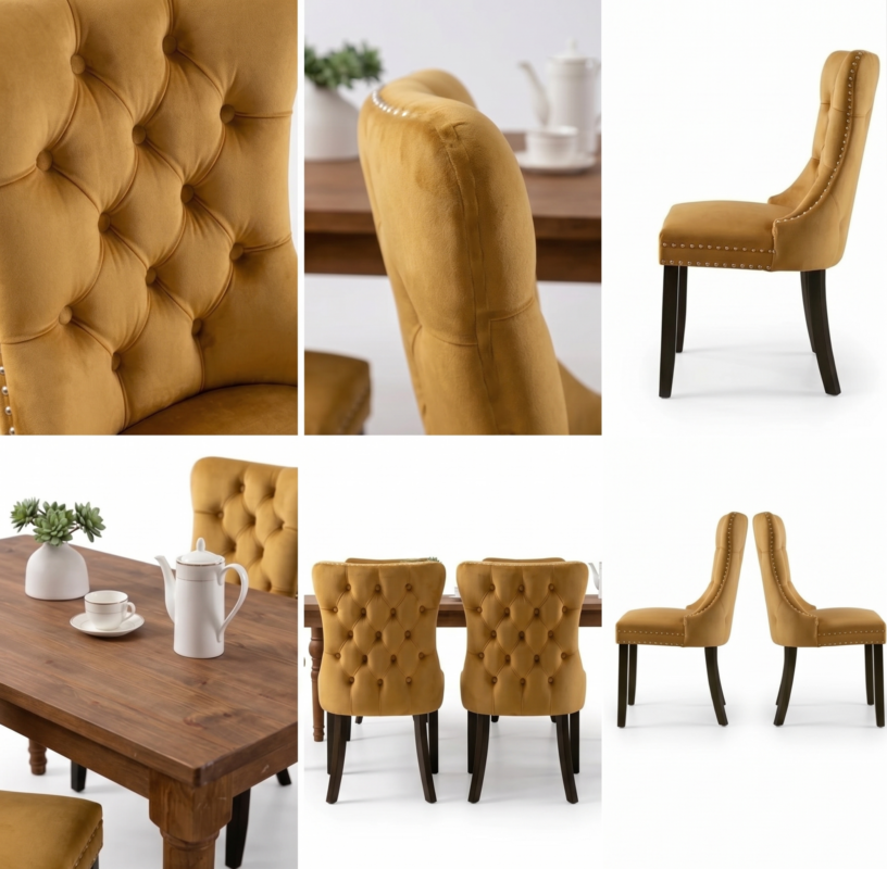 Set of 4 Upholstered Dining Chairs, Velvet Chairs with Button Tufting And Sturdy Wooden Legs, Contemporary Fabric Side Chairs for Dining Areas, Kitchens, Restaurants, And Hotels 8 A detailed layout collage featuring macro material close ups and back views of a golden color Set of 4 Upholstered Dining Chairs next to a rustic table setting.