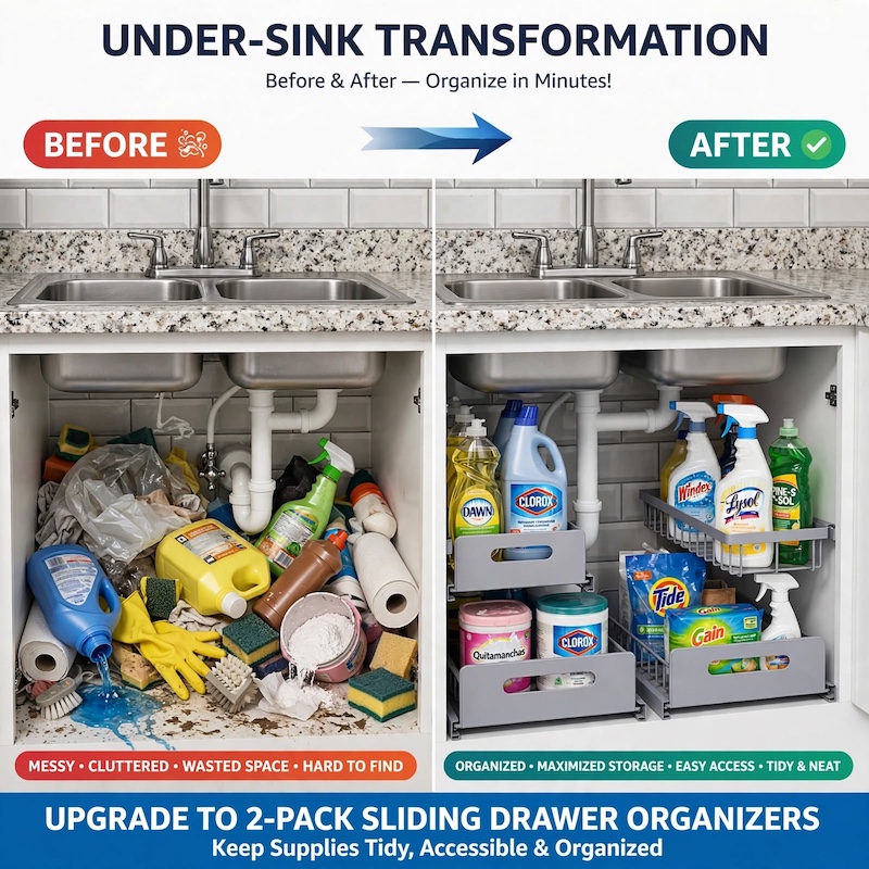 reliable Metal Under Sink Organizers, Pull Out Under Sink Storage Shelves with Sliding Drawer for Kitchen, Bathroom (1pack/2pack) 56 Before and after comparison showing a messy cabinet transformed into a tidy space using the gray 2pack Metal Under Sink Organizers.
