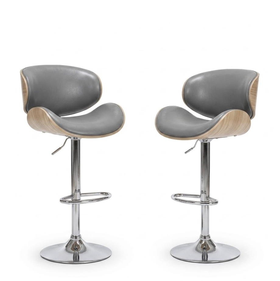 useful Swivel Bar Stools Set Of 2 Seat, Set Of 1 And 4 Seat, Adjustable Height 24.5-33.5in, Wooden Barstools PU Leather Upholstered Bar Chairs with Back & Footrest for Bar Kitchen Dining Room 13 A side by side studio shot displaying a pair of chairs from the gray color bar stools set of 1 and 2 seat series showing the curved scoop seating structure wood trim backing and high shine chrome pedestal stand from different angles