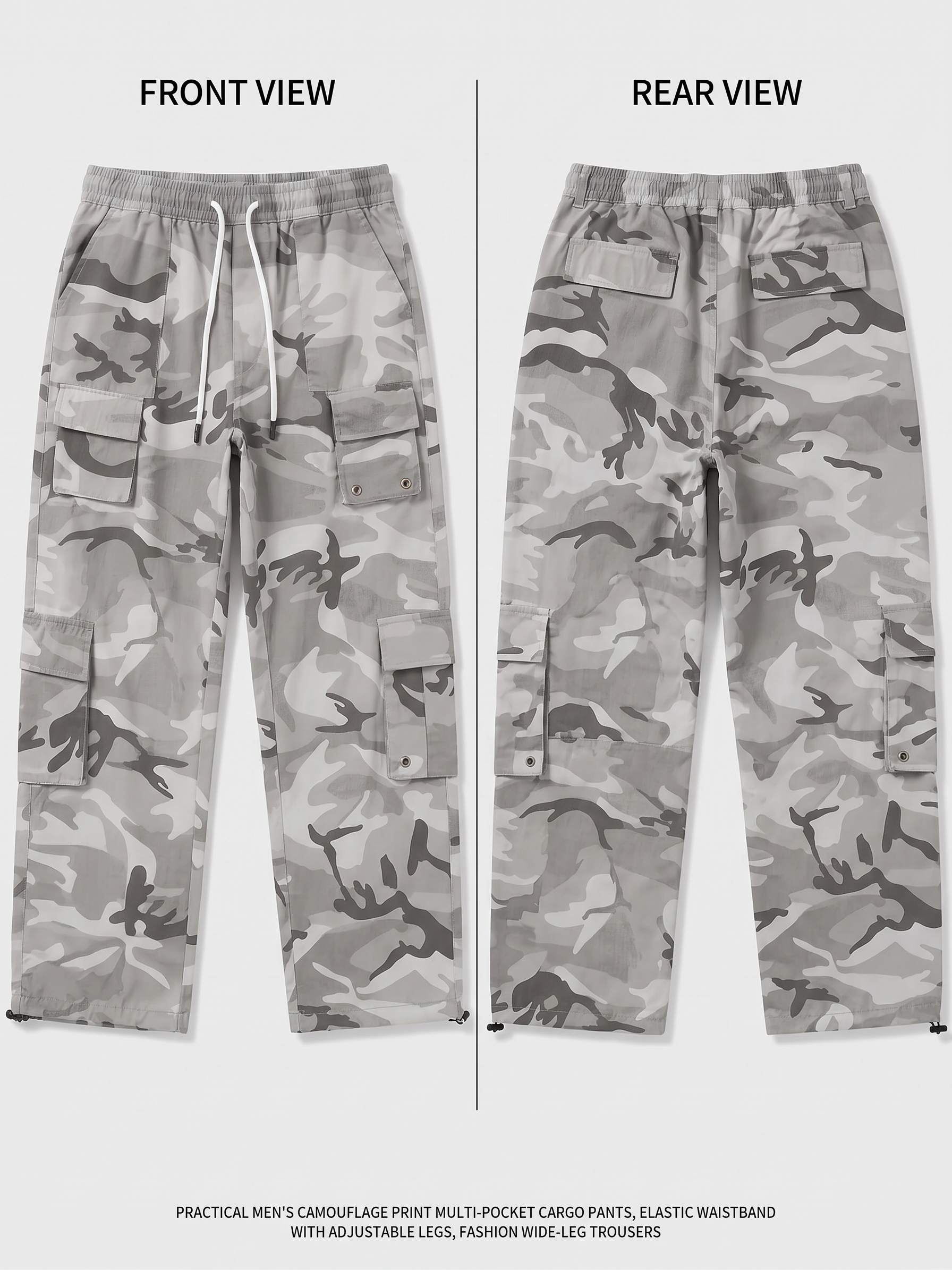 practical Men's Camouflage Print Multi-Pocket Cargo Pants, Elastic Waistband with Adjustable Legs, Fashion Wide-Leg Trousers 20 A studio product showcase divided down the center, displaying a front view and a rear view of the grey Camouflage Print Multi-Pocket Cargo Pants. The trousers feature a muted urban camo pattern in shades of grey, white, and dark charcoal. The front view highlights a white drawstring and prominent side flap pockets, while the rear view displays sleek back pocket styling. Callout text reads "FRONT VIEW" and "REAR VIEW" at the top.
