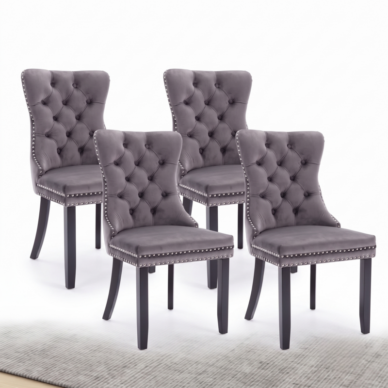 Set of 4 Upholstered Dining Chairs, Velvet Chairs with Button Tufting And Sturdy Wooden Legs, Contemporary Fabric Side Chairs for Dining Areas, Kitchens, Restaurants, And Hotels 10 A full collection arrangement displaying a premium gray color Set of 4 Upholstered Dining Chairs positioned together over a textured floor rug.