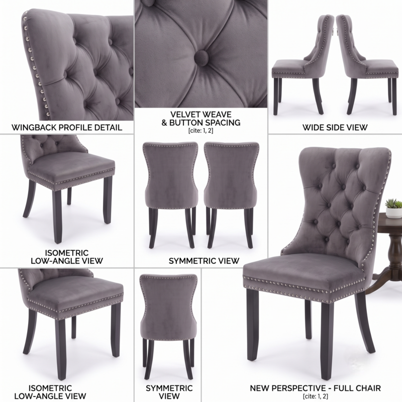 Set of 4 Upholstered Dining Chairs, Velvet Chairs with Button Tufting And Sturdy Wooden Legs, Contemporary Fabric Side Chairs for Dining Areas, Kitchens, Restaurants, And Hotels 9 A detailed grid infographic showcasing design angles and close up features of a gray color Set of 4 Upholstered Dining Chairs with deep button tufting and velvet weave texturing.