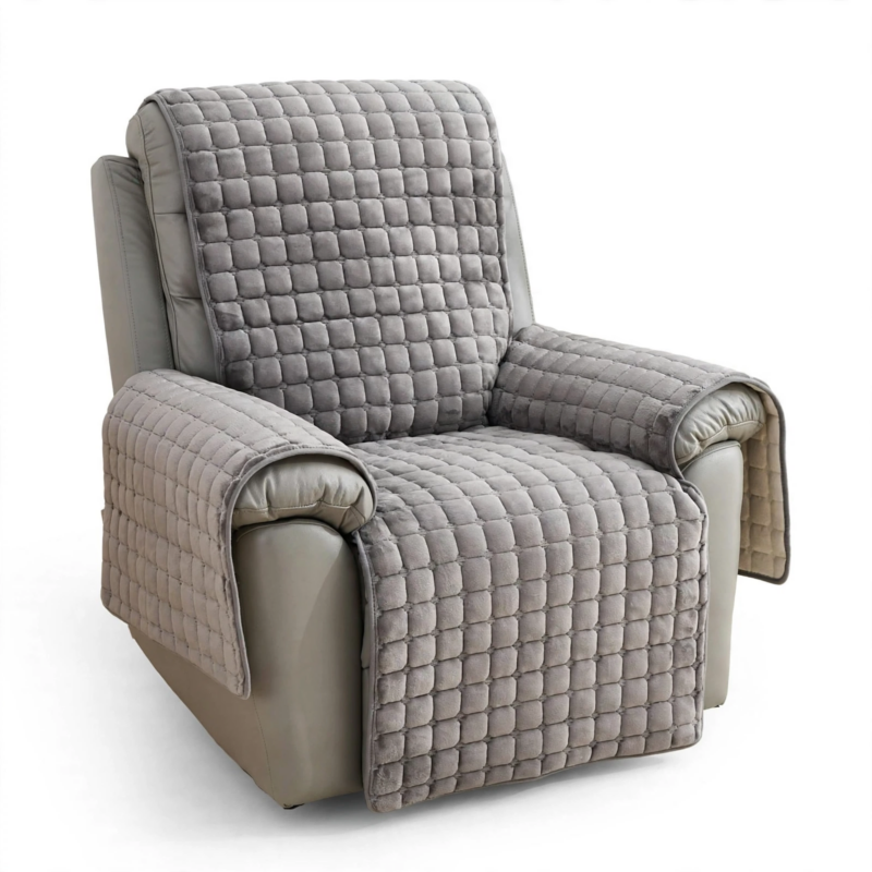 comfortable 1pc Velvet Recliner Chair Cover, Non-slip Recliner Slipcover Sofa Cover, Plush Recliner Cover, For Living Room Office Home Decor 3 Studio product shot of a standard grey armchair fully covered by a quilted gray color Velvet Recliner Chair Cover on a plain white background