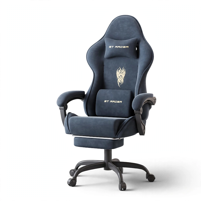 comfortable STRACER Velvet Upholstered Gaming Chair Featuring a Footrest, High Back Design, Ergonomic Support for Gamers, Includes Headrest And Massage Lumbar Pillow, Racing Style Reclining Video Game Chair 13 An isolated studio product photo of the gray color Velvet Upholstered Gaming Chair against a clean white background, showing its complete design and footrest.