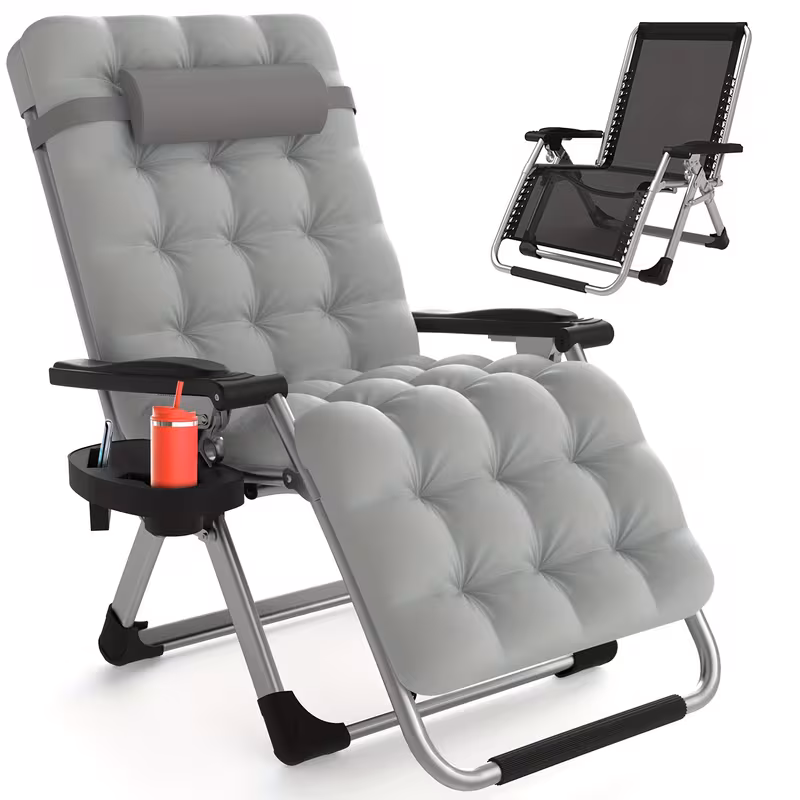 The Ultimate Relaxation Zero Gravity Chair Lounge Chair Recliner with Secure Multi-Position Locks 4 Gray Color Zero Gravity Chair Lounge Chair Recliner with Ultra-Soft Tufted Cushion, Folding Patio Recliner with Silver Frame, Cup Holder Tray, and Adjustable Headrest