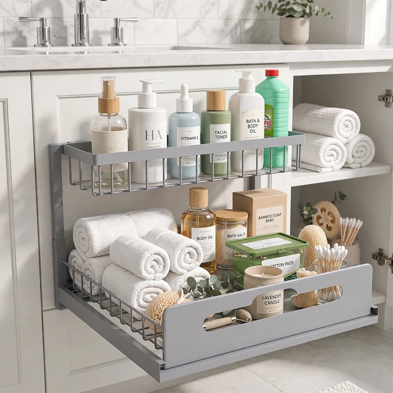 reliable Metal Under Sink Organizers, Pull Out Under Sink Storage Shelves with Sliding Drawer for Kitchen, Bathroom (1pack/2pack) 10 Fully stocked gray 1pack Metal Under Sink Organizers placed under a bathroom sink holding rolled towels, lotion bottles, and beauty products.