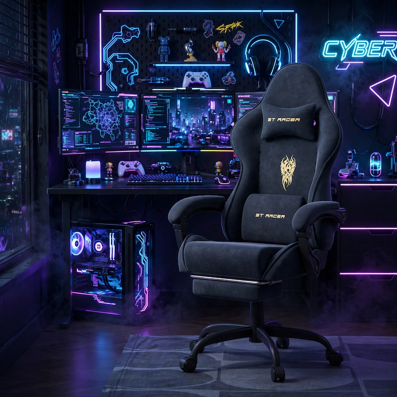 comfortable STRACER Velvet Upholstered Gaming Chair Featuring a Footrest, High Back Design, Ergonomic Support for Gamers, Includes Headrest And Massage Lumbar Pillow, Racing Style Reclining Video Game Chair 10 A high-tech neon-lit gaming room with multiple monitors and glowing blue signs, featuring a gray color Velvet Upholstered Gaming Chair in the center.