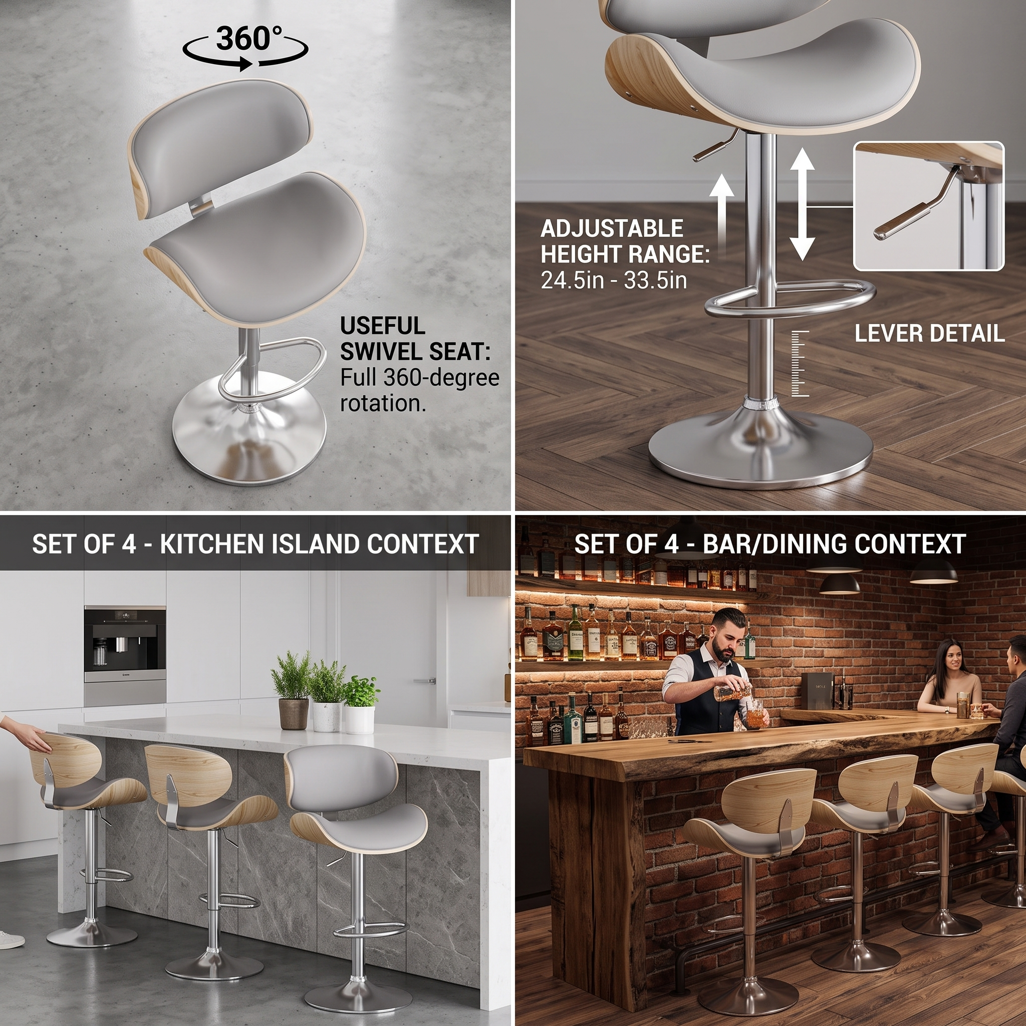 useful Swivel Bar Stools Set Of 2 Seat, Set Of 1 And 4 Seat, Adjustable Height 24.5-33.5in, Wooden Barstools PU Leather Upholstered Bar Chairs with Back & Footrest for Bar Kitchen Dining Room 28 A 4 panel infographic layout for the gray color bar stools set of 1 and 2 seat package detailing the 360 degree swivel motion the 24.5 inch to 33.5 inch height adjustment range a staging layout at a residential marble counter and a commercial brick bar room