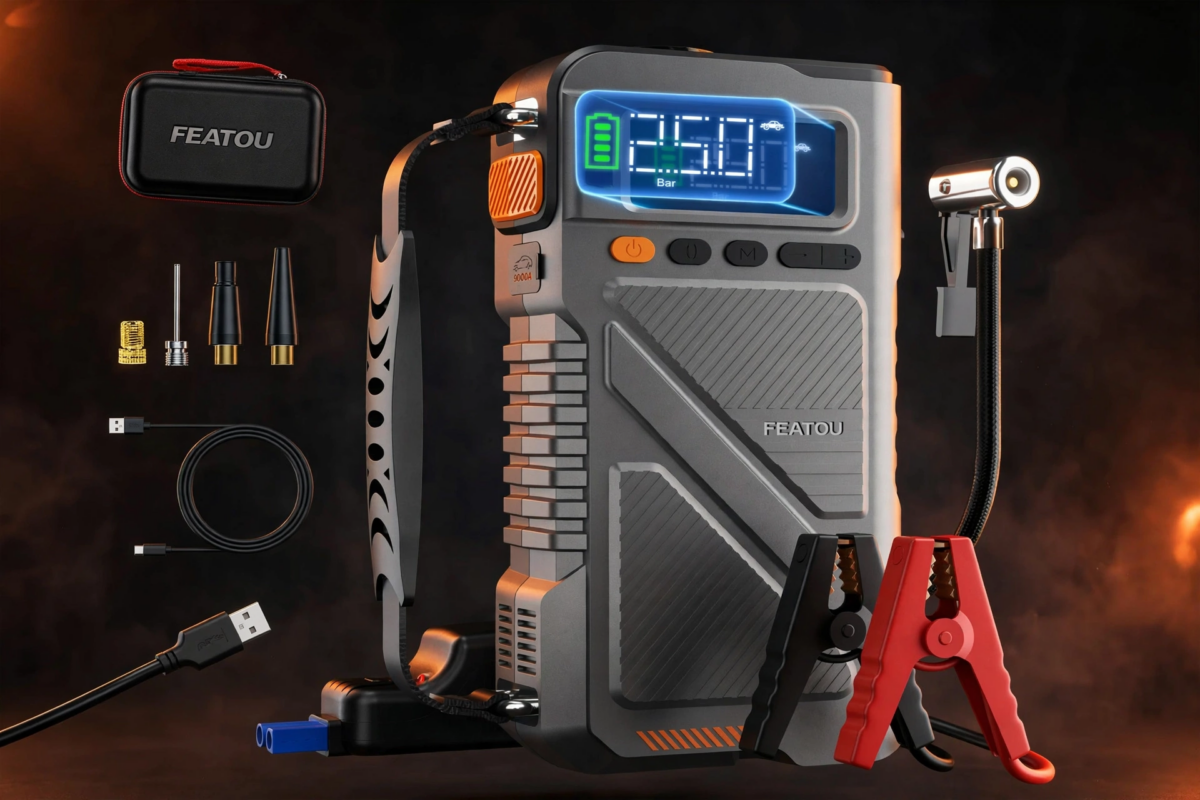 exclusive 6000A Jump Starter with Air Compressor, 7in 1 Function Jump Box 150PSI Jump Starter Battery Pack with Digital Tire Inflator, Car Battery Charger Portable for 2.64gal Gas Or2.38gal Diesel Battery Charger, Car Jumper Starter Portable, 6000A& 8000A 5 Cinematic hero product shot of the gray 6000A Jump Starter with Air Compressor surrounded by accessories against a dark background.