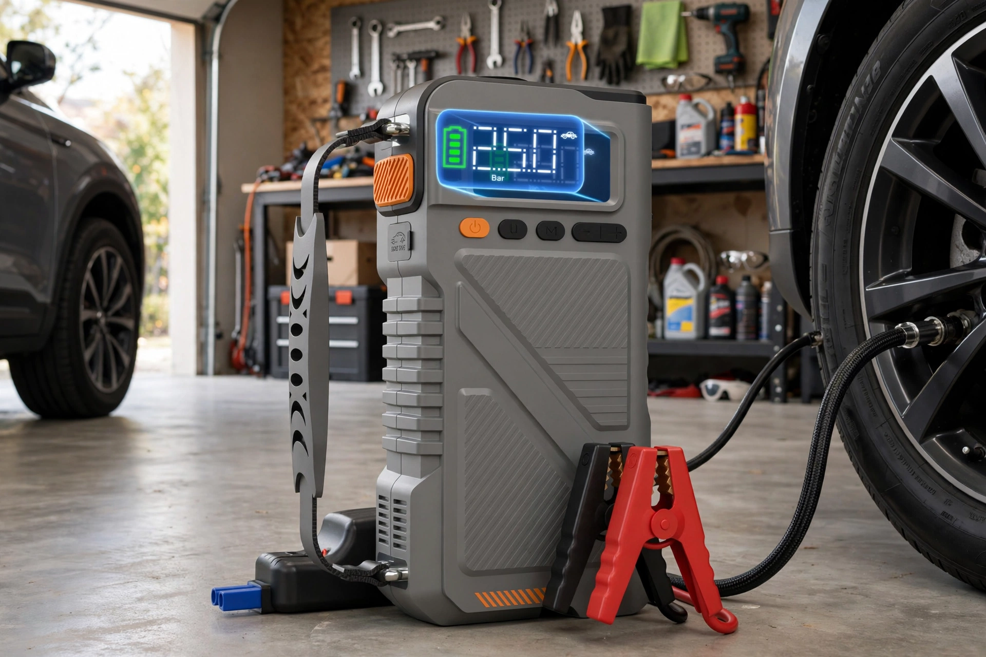 exclusive 6000A Jump Starter with Air Compressor, 7in 1 Function Jump Box 150PSI Jump Starter Battery Pack with Digital Tire Inflator, Car Battery Charger Portable for 2.64gal Gas Or2.38gal Diesel Battery Charger, Car Jumper Starter Portable, 6000A& 8000A 9 The gray 6000A Jump Starter with Air Compressor inflating a car tire inside a well-equipped home garage.