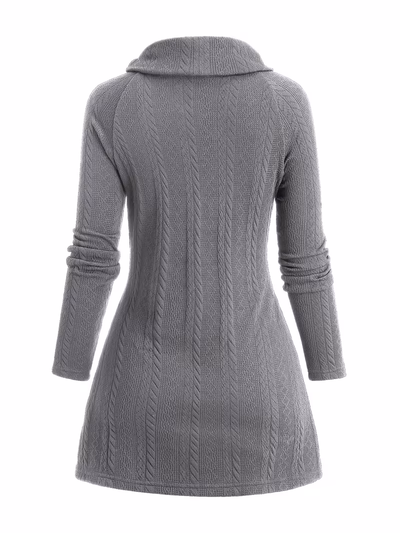 useful Sophisticated Decorative Buttoned Long Sleeve Top | Modern High Neck Knit for Business Casual 6 Rear Full View: The back view of a charcoal gray decorative buttoned long sleeve top, showcasing a tapered slim-fit silhouette, intricate vertical cable knit patterns, and a seamless high cowl collar.