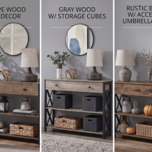 A comparison image showing a gray color table with drawer and storage shelves alongside rustic brown and taupe wood versions.